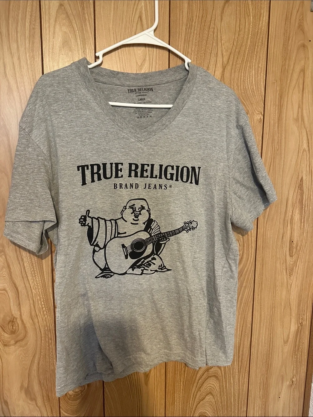 True Religion Heather Gray Buddha Guitar V-Neck Tee
